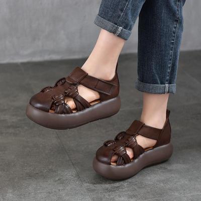 Genuine Leather Retro Hand Woven Hollow-out Sandals Soft Soled Women's Flat Platform Shoes