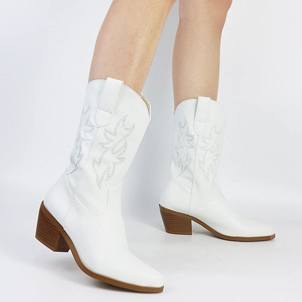 DoraTasia Retro Embroidered Cowgirl Ankle Western Pointed Toe Chunky Mid Heel Leisure All Match For Woman