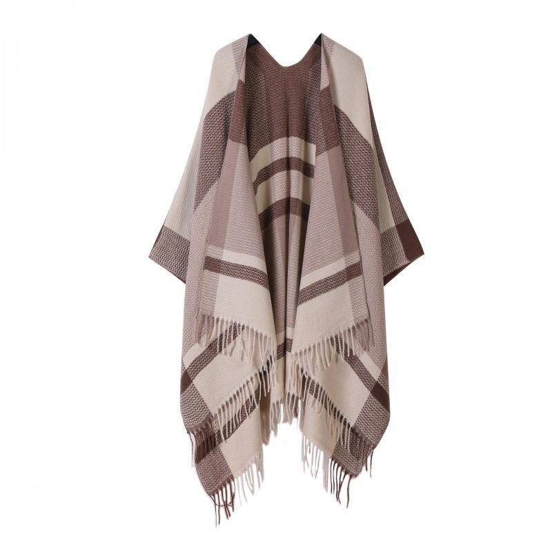 Damen Winter Schal Mit Fransen Schlitz Colorblock Karomuster Gestrickter Wickelschal Warmer Kunstkaschmir Umhang Büro