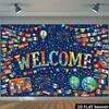 2D World Flags Welcome Backdrop with Globe and Travel Suitcase Design