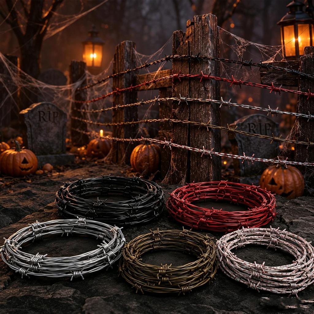 20/2.5M Halloween Artificial Barbed Rope Horror Scene Prop Fake Barbed Wire Blood Splatter Decor Haunted House Party Decoration