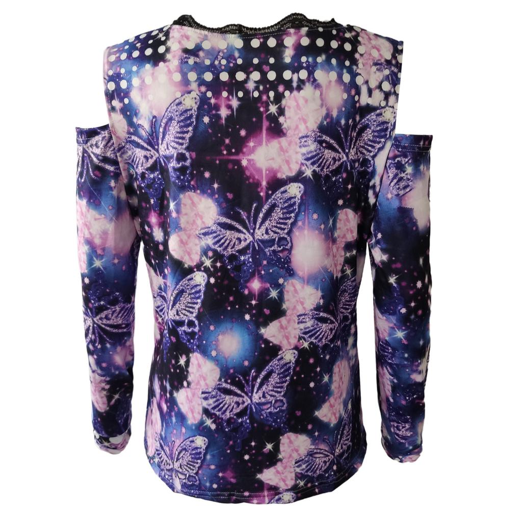 Women's Long Sleeve Sexy Floral Printed V-neck Lace Strapless T-shirt Blouse Top