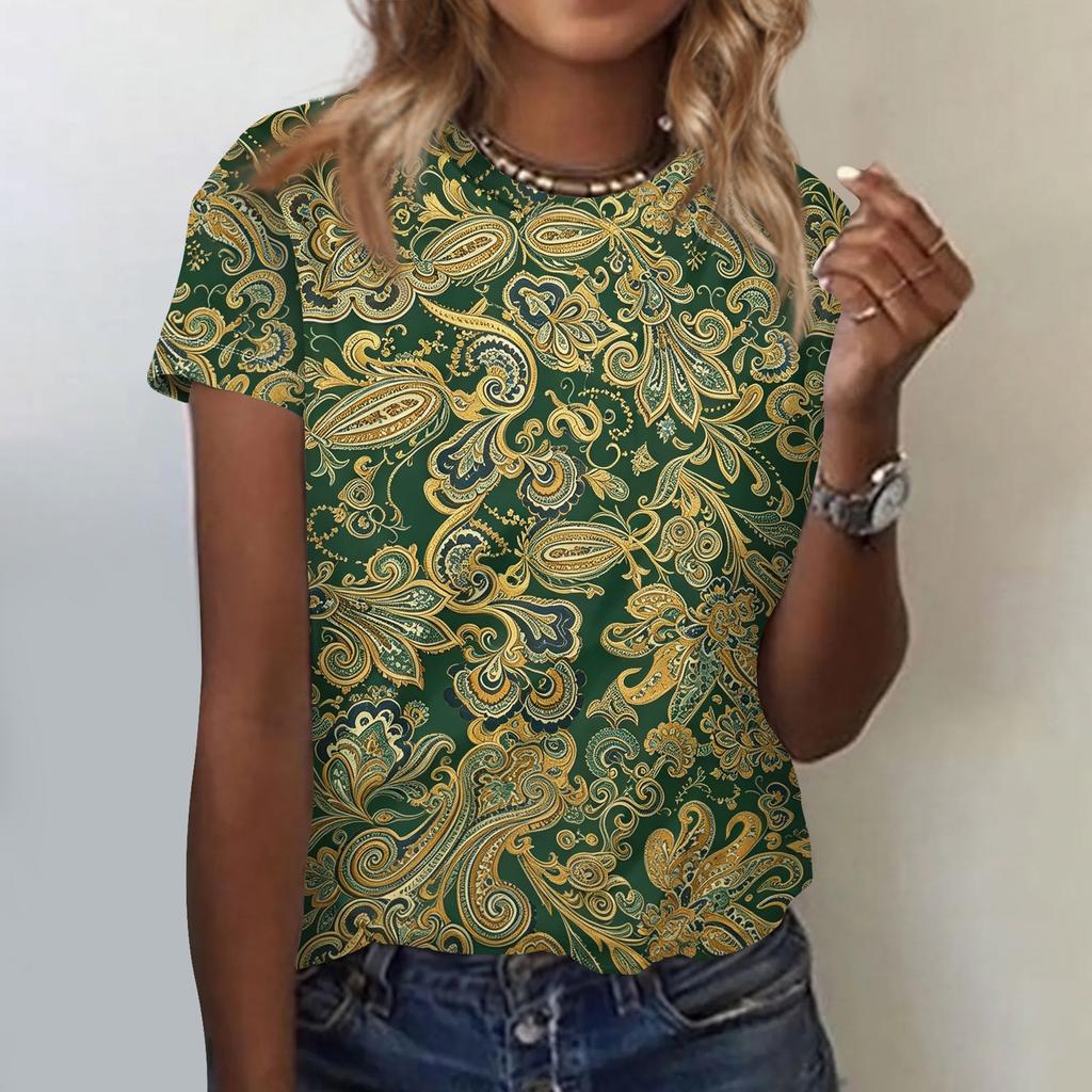 Women's Casual Loose Fit Short Sleeve Top Floral Paisley Print Lightweight Summer Blouse Comfortable Daily Wear