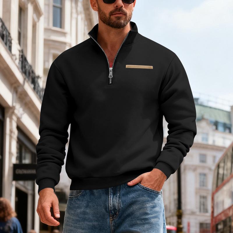 Men's Casual And Trendy American- Fleece Heavy-duty Loose Hoodie, Men's Warm Stand-up Collar Semi-pull Connection Solid Color Sports Hoodie