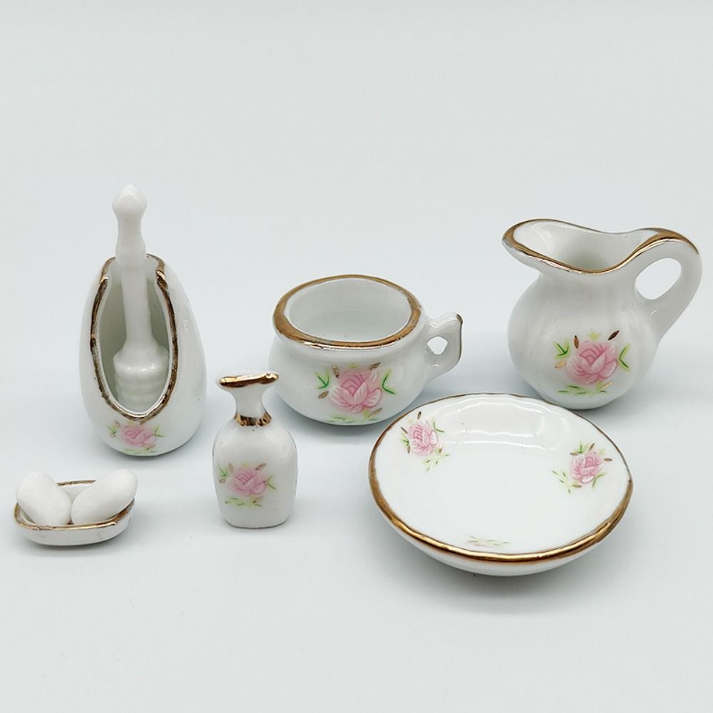 1/12 Scale Dollhouse Bathroom Porcelain Rose Floral Miniature Furniture Porcelain Girls Gift