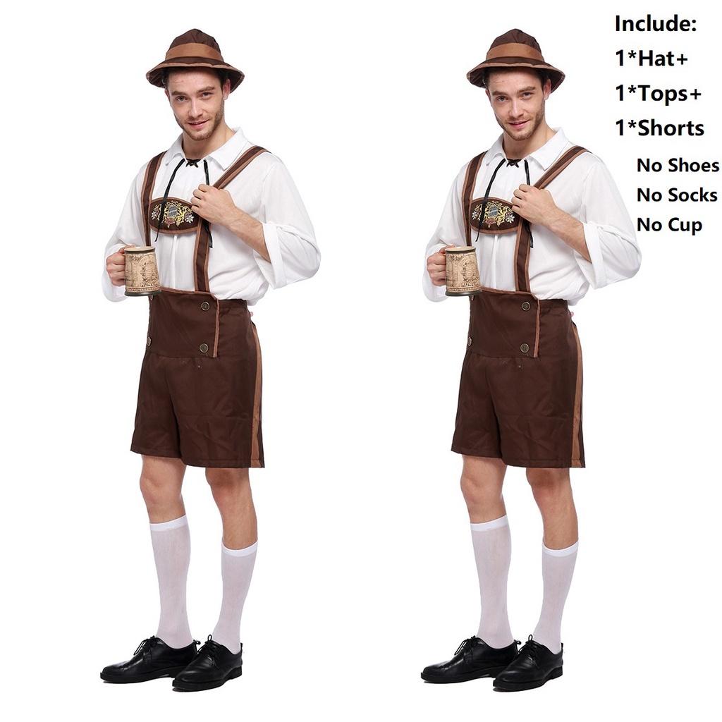 Oktoberfest Men Clothing Stage Costume Cosplay Shirt Suspenders Shorts Hat With