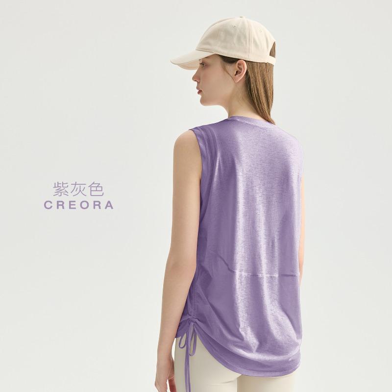 Slub yarn breathable yoga vest women's loose round neck sleeveless sports top hem drawstring yoga blouse