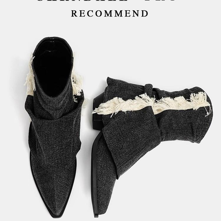 Beginning Series Shu Pants Boots Fried Street Fringed Retro Western Cowboy Boots Piled High Heels Autumn and Winter Pointed Sleeve Short Boots Women