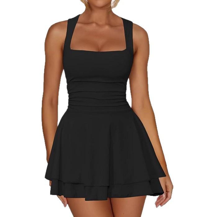 2025 Women's Square Neck Pleated Waist Mini Dress