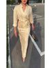 2025 New Fashion: Elegant Satin Long Sleeve Tie-Up Top & Midi Skirt