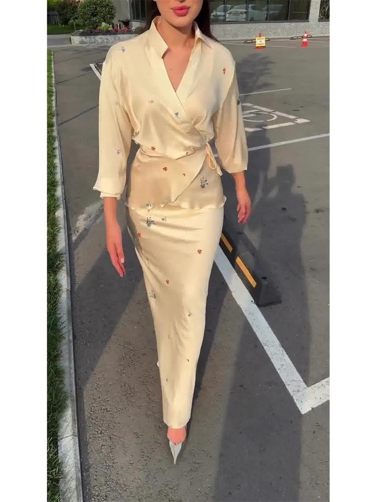 2025 New Fashion: Elegant Satin Long Sleeve Tie-Up Top & Midi Skirt