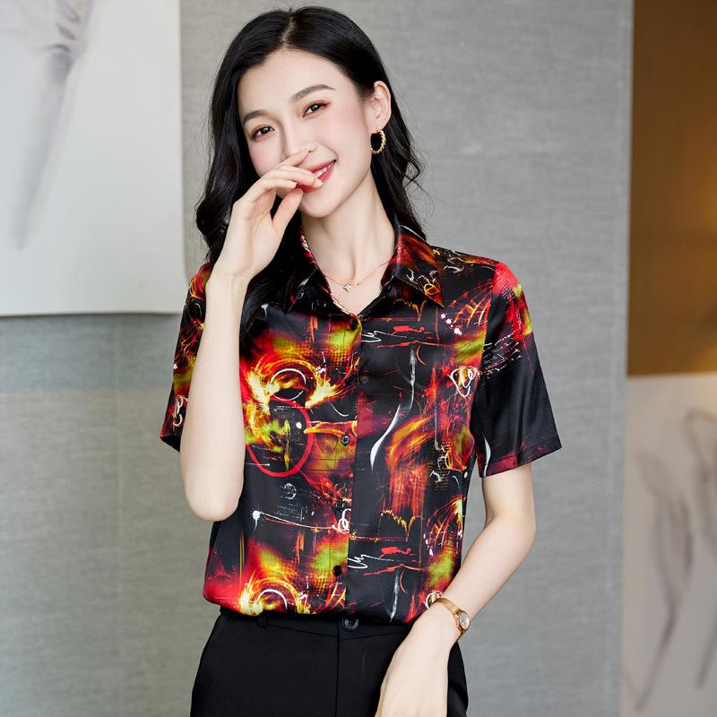 Summer 2025 Mulberry Silk Top: Hangzhou Short-Sleeve Dress for Middle-Aged Women, Printed Design, Large Size