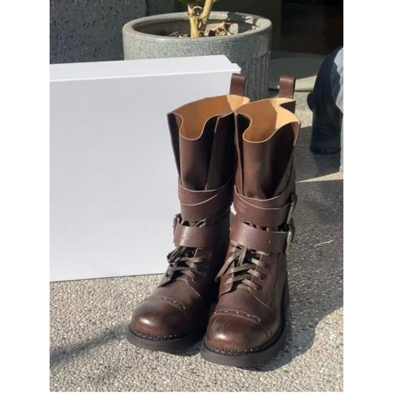 Cowhide Martin Boots Women's Spring and Summer New Thick Heel Belt Buckle Short Boots Locomotive Boots Versatile Single Boots Tide