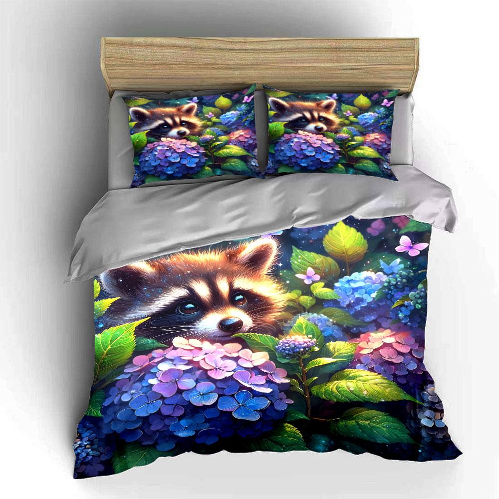 Whimsical Raccoon In Floral Wonderland Exquisite Three-Piece Bedding Set Gift For Kids And Adults