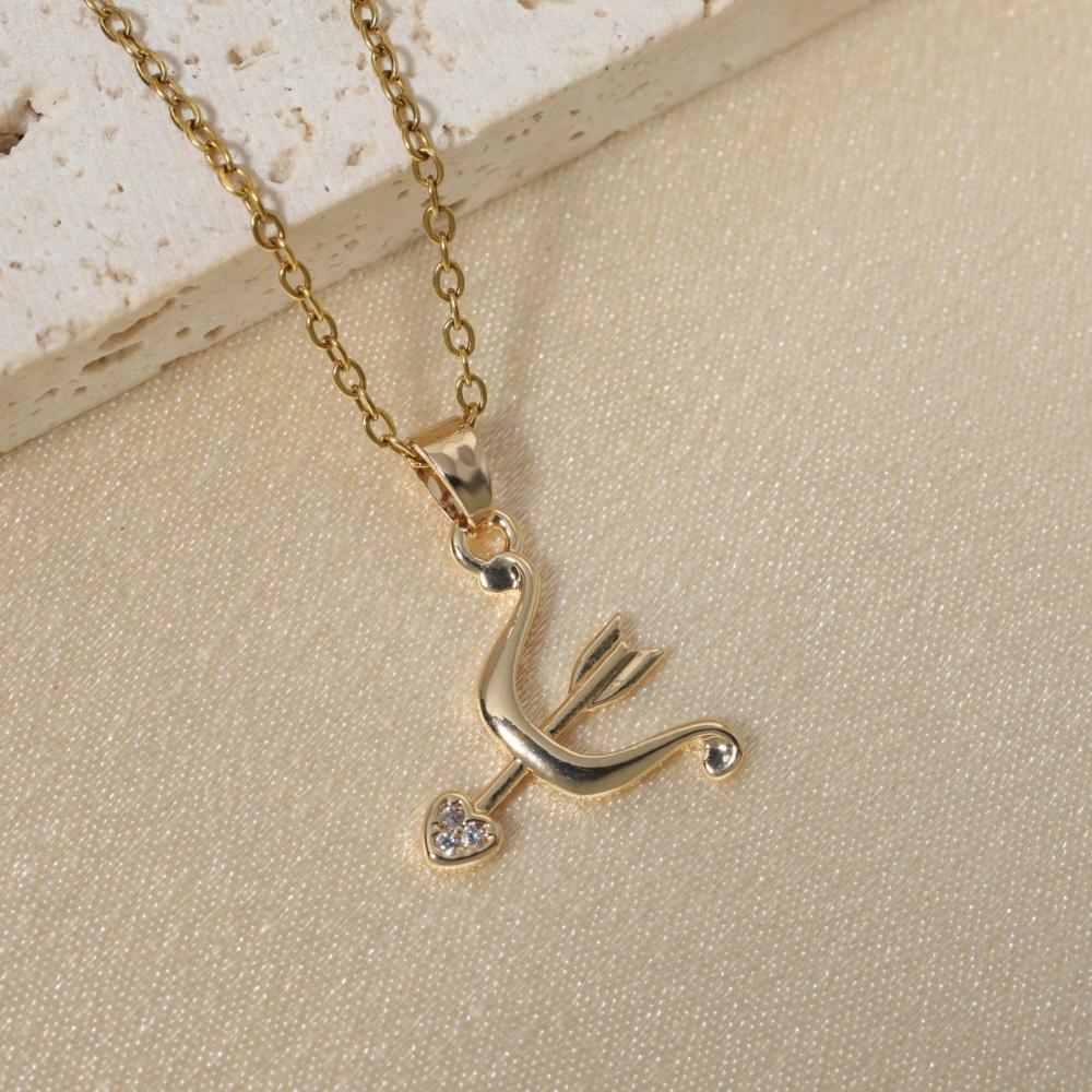 Golden Cupid Bow & Heart Arrow Pendant Necklace, Romantic Zirconia Jewelry for Women золотой