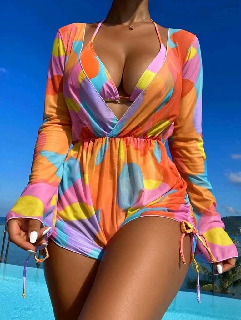 2025 Women's Cross-Border Long Sleeve Mesh Cover-Up Bikini Set: One-Piece Swimwear & Three-Piece Swimsuit.
