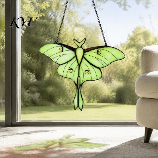 Green Insect Window Hanging Stained Glass Style Hanging, Acrylic Moth Suncatcher, Decorative Pendant with Transparent Art Metal Chain, Ornament