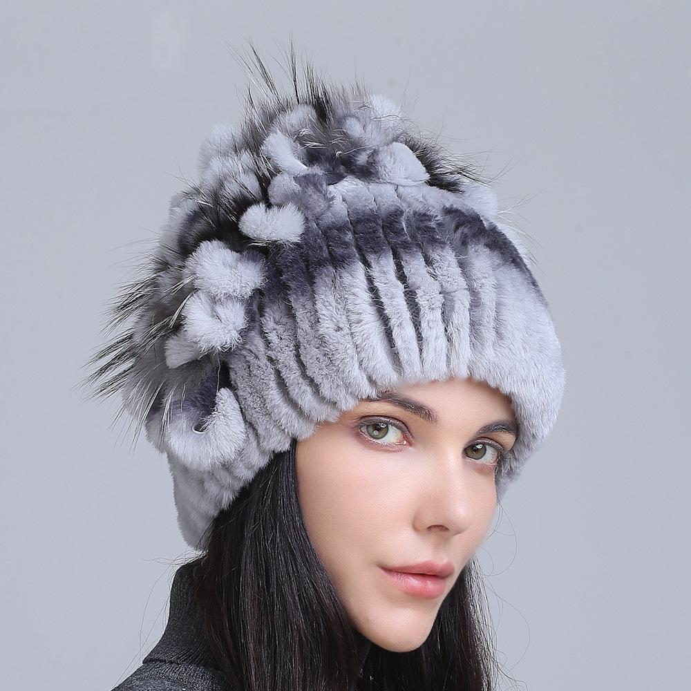Winter Women's Warm Fashion Thick Wool Hat Rex Rabbit Fur Hat Knitted with Side Flower Hat