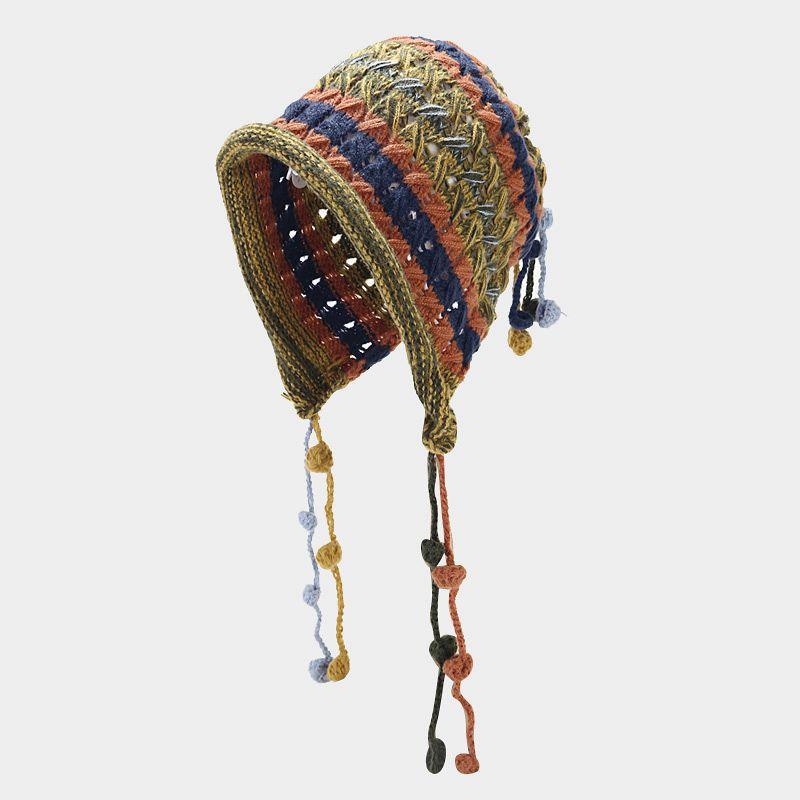 

Ручная вязка крючком, красочная лоскутная полосатая шапка из шерсти с бахромой и защитой для ушей, ажурная вязаная шапка-пуловер, зимняя шапка M（56-58cm） жёлтый