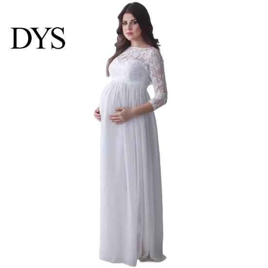 Damen Partykleid Schwanger Spitze Ausgeschnitten Floral Stickerei Rundhals Lange Schwangerschaftsärmel Plissiert Maxi für Hochzeit Abschlussball Foto Requisite Abend