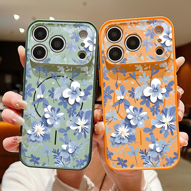 Magnetic For Magsafe Case For iPhone 17 Pro Max Blue and White Flowers Pattern Skin Feeling Cover For iPhone 16 15 14 13 Pro Max