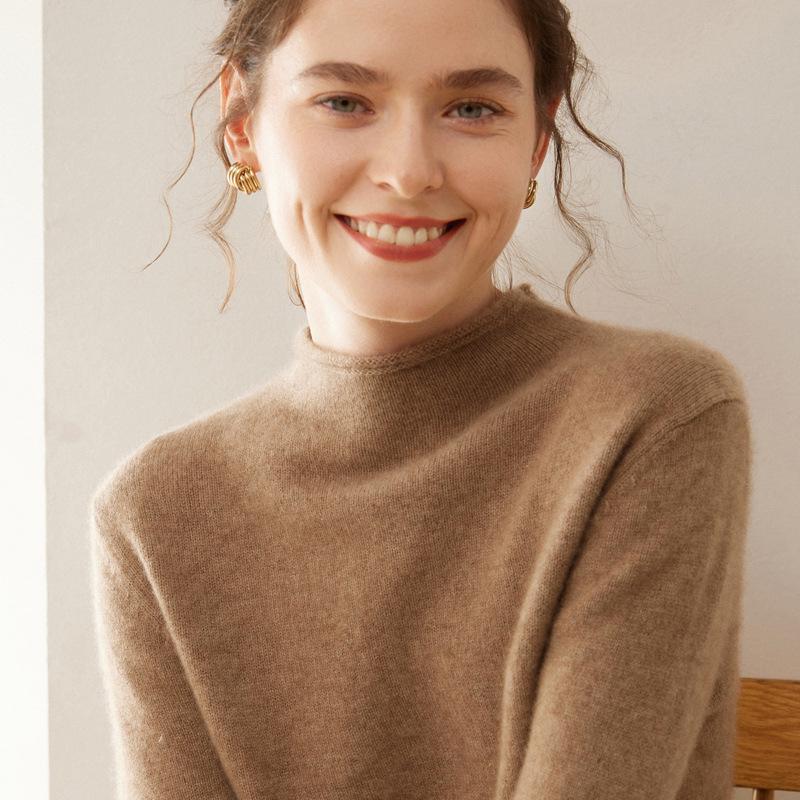 Women's Minimalist Cashmere Semi-High Neck Rolled-Edge Sweater - Loose Fit, Slimming, Long Sleeve