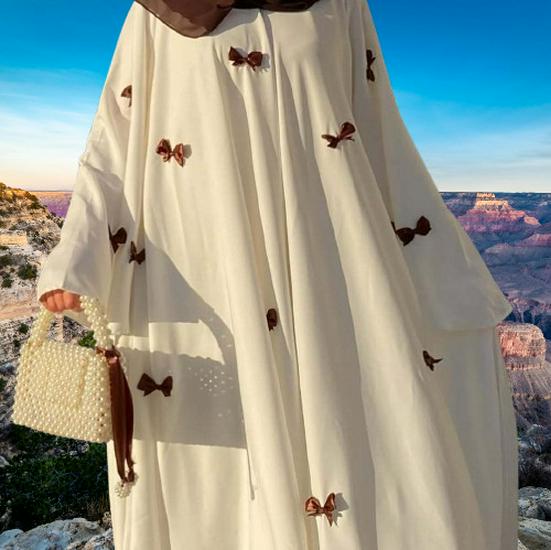 Arabic Women's Plus Size Flare Sleeve Abaya Dress - New 2025 Style, Dubai Bow Design