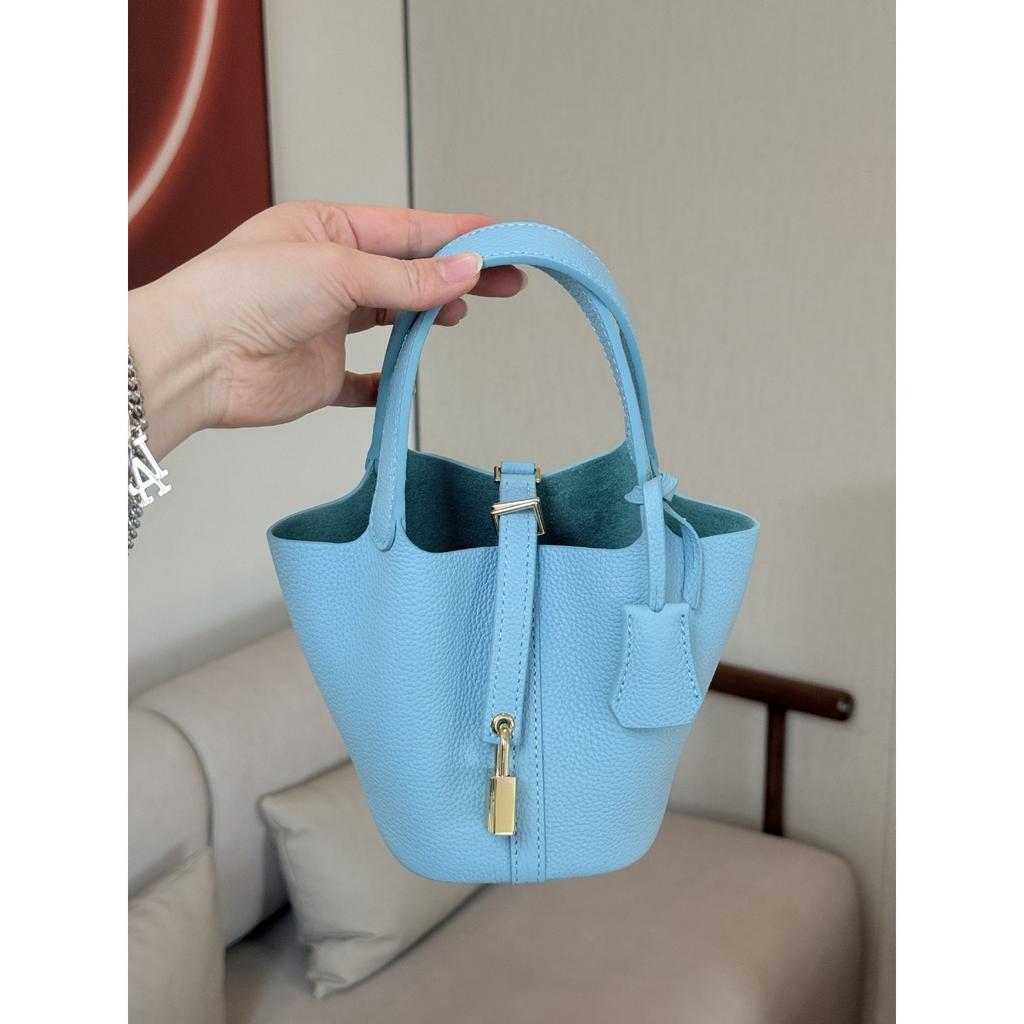 Cross-border direct supply, first-layer cowhide mini vegetable basket 14cm exquisite handbag, hand-held high-end versatile bucket bag