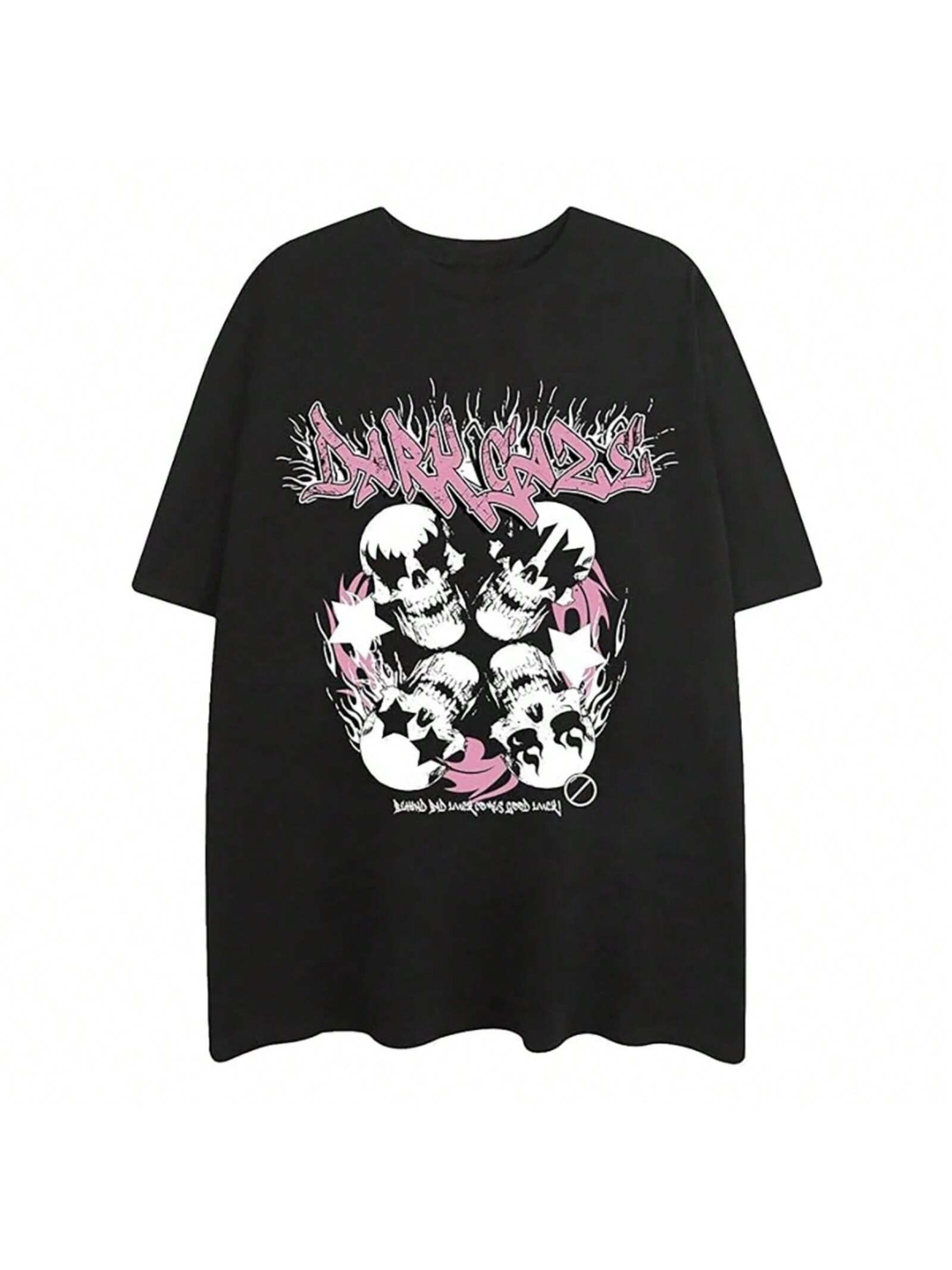 unisex Y2k Graphic Tees Letter Skull Print Short Sleeve Gothic T Shirt Tops Casual Summer Short Sleeve Top Tee Shirt 01336 S разноцветный