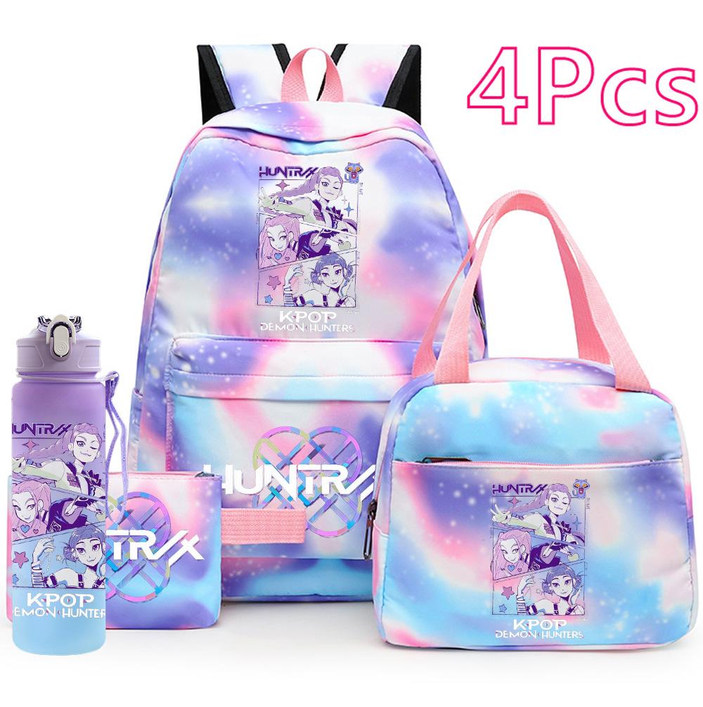 4Pcs/set Anime K-Pop Printed Backpack Handbag Pencil Case with 750Ml Water Bottler for Teenager Boy Girl Schoolbag Large Capacity Bookbag Mochila