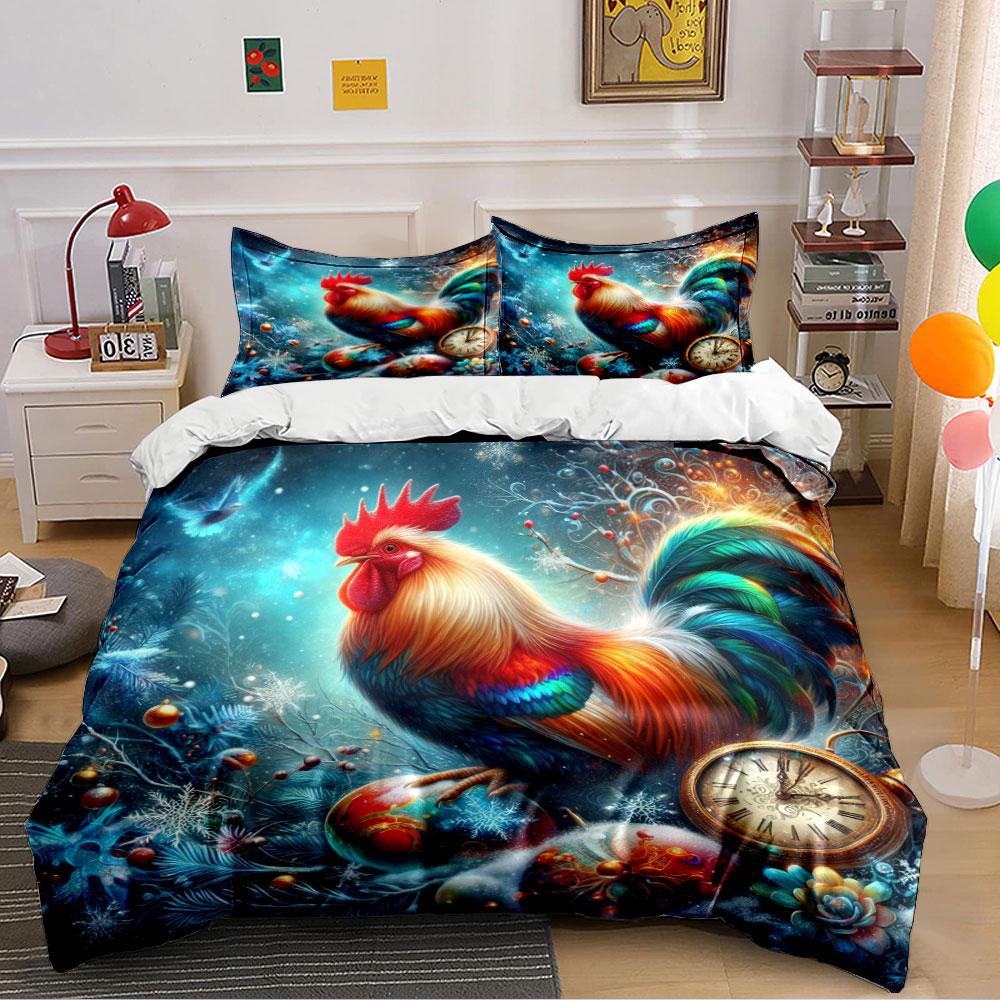 Colorful Rooster Winter Scene Bedding Duvet Cover Set (1*Duvet Cover 2*Pillowcases, Without Duvet Insert)