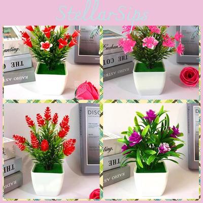 Plastic Lily And Rose Miniature Potted Plant Set With Realistic Faux Flowers For Home Decor