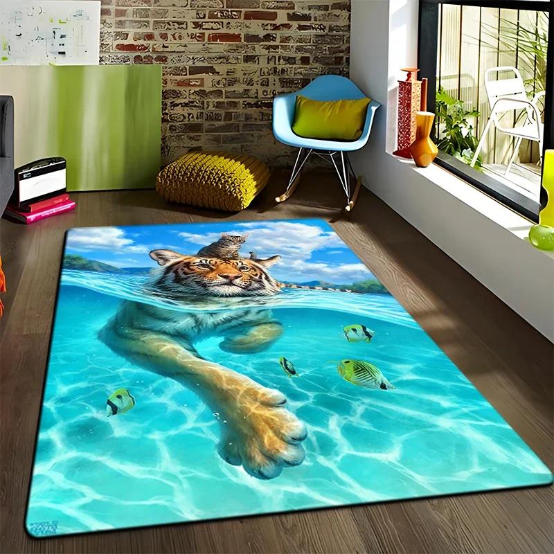 Animal Tiger Flowers Pattern Carpet Living Room Bedroom Yoga Mat Home Decoration Children's Crawling Floor Mats Area Rug Camping
