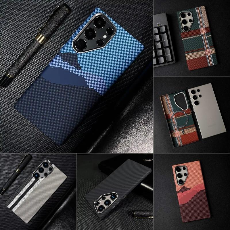 Business Retro Carbonfaser-Muster Für MagSafe Hülle Für Samsung Galaxy S26 Ultra S25 S24 S23 Kabelloses Laden Objektiv Erhöht Schutz Stoßfest Hülle