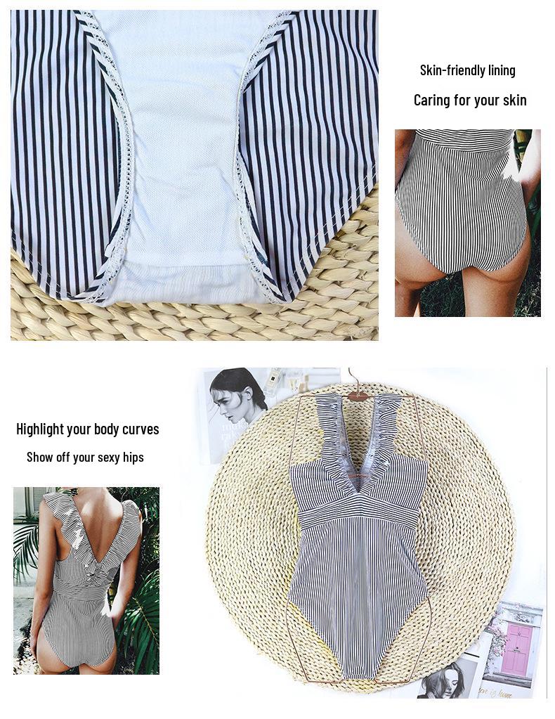 Ruffled Striped V-Neck Backless One-Piece Swimsuit - European and American Style