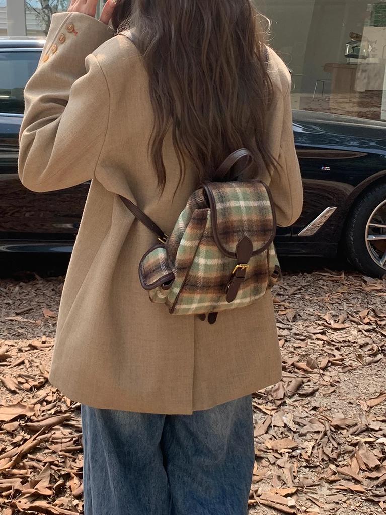 Vintage Woolen Plaid Backpack for Women Retro College Girls Mini Knapsack Portable Double Shoulder Bags Female Travel Handbags