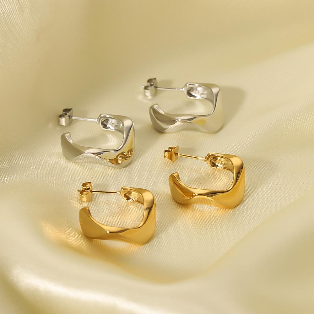 Gold Color Stainless Steel Earrings For Women Spring Curved Half Hoop Pierce Drop Stud