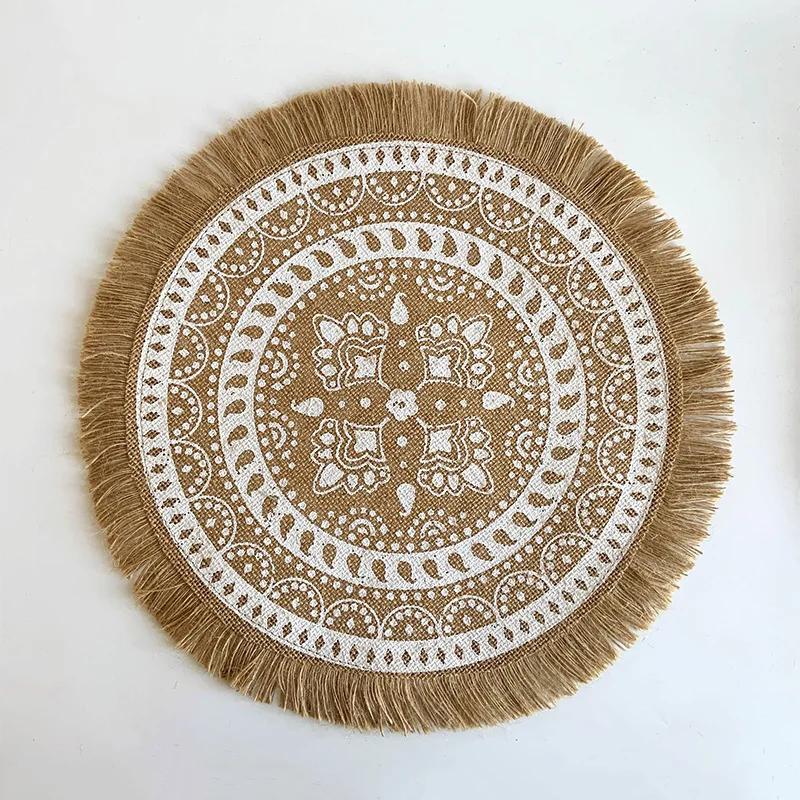 Boho Round Placemat 15 Inch,Farmhouse Woven Jute Fringe TableMats with Pompom Tassel Place Mat for Dining Room INS Table Decors