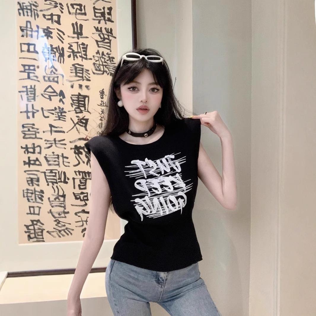 

Spicy Girl Sleeveless Knit Top with Letter Print - Summer Slimming Design One Size (up to 125 jin) білий