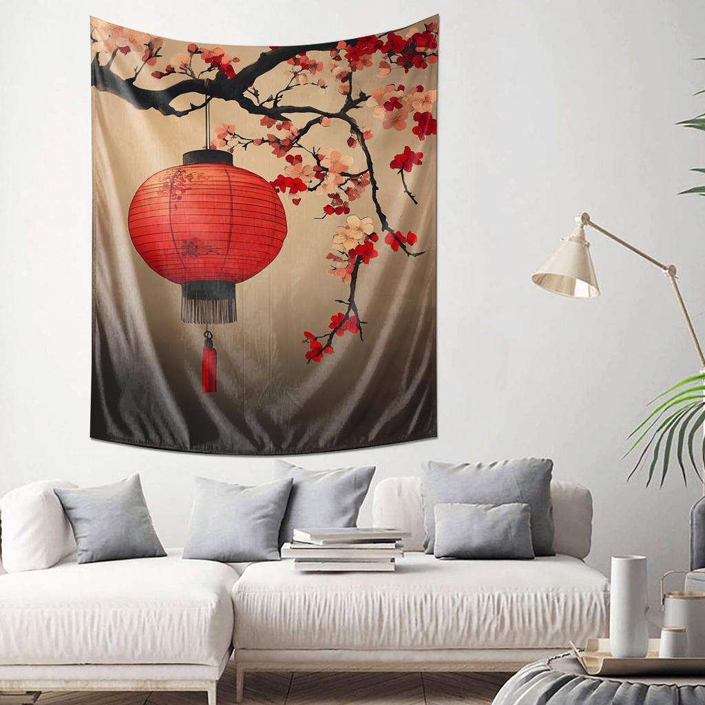 Cherry Blossom and Red Lantern Tapestry  Oriental Aesthetic Home Decor Cozy Living Room Wall Art
