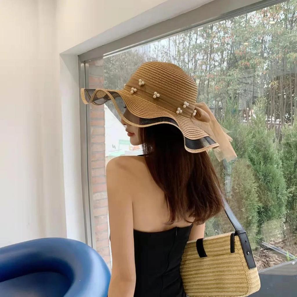 New Foldable Wide-brimmed Girl Straw Hat Pearl Sun Hat Beach Wave Hat UV Protection Travel Hat Lady Beach Hat