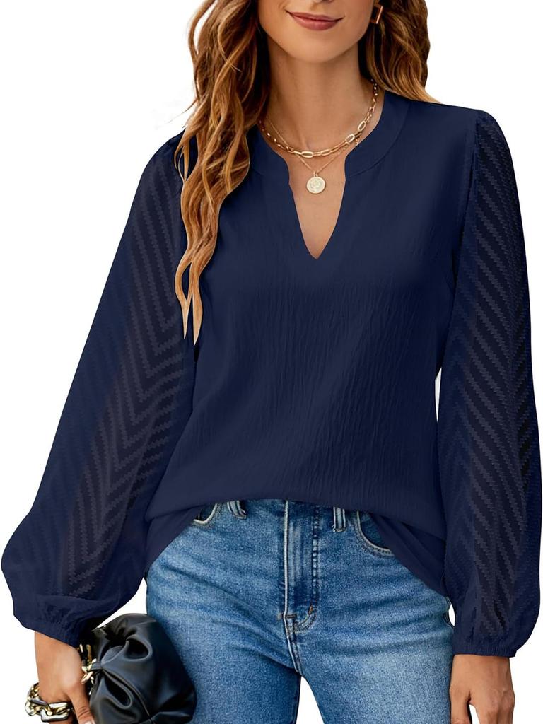 Women's New Solid Color V-Neck Lace Patch Cotton Blend Shirt Top