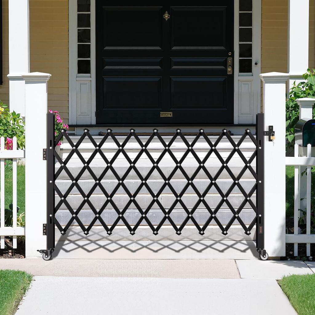 VEVOR Single Folding Security Gate, Lockable Scissor Gate with 360 degrees Swivel Casters, Outdoor Barricade Steel Retractable Gates