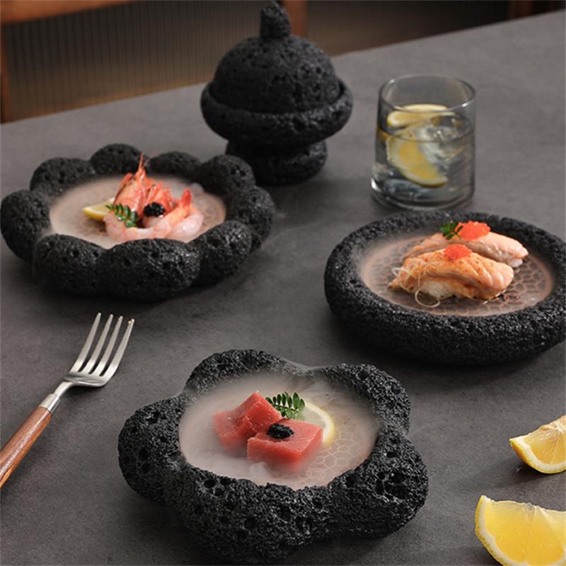 Black Cement Tableware Dinner Plate stone Sashimi sushi Disc Dry Ice Tray Plate Dessert Plates Dim Sum Dish Steak Plates Bowl