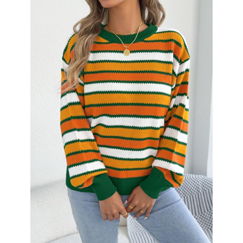 Maglione da Donna Casual a Blocchi di Colore con Strisce, Maniche a Lanterna, Girocollo, Vestibilità Larga