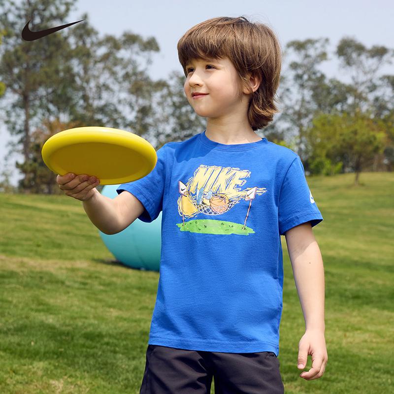 Nike Simple Basketball Letter Print Crew Neck Pullover Short Sleeve T-Shirt Kids Tops Turkish-Blue NY2222030GS-002