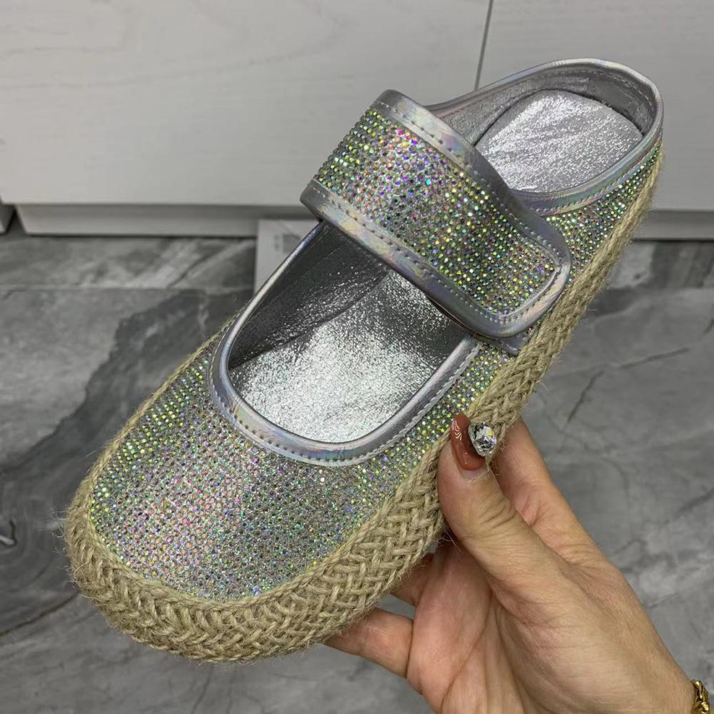 Pantoufles à strass scintillants pour femmes, chaussures d'été décontractées, sandales plates, chaussures de marque à la mode