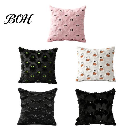 Black White Ghost Cushion Cover Halloween Cover, Plush Embroidered Throw Pillow 18x18 Home Decor Inch Cute Case for Sofa Bed Cozy Living Room Accents