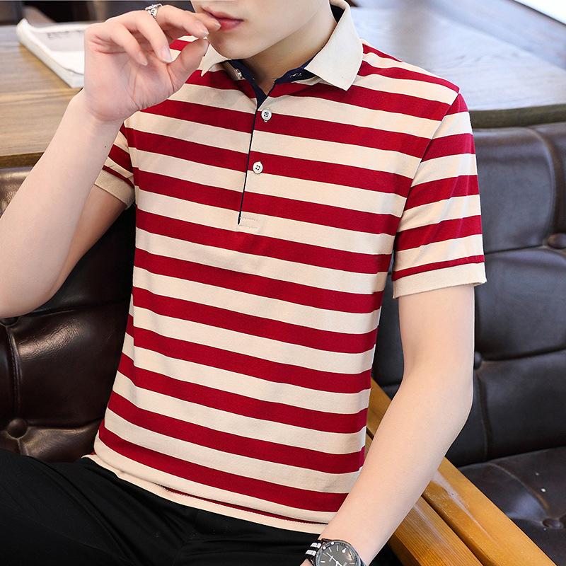 Summer New Men's Short-sleeved T-shirt Striped Pure Cotton Thin Business Lapel Men's Polo Shirt Men's Style
