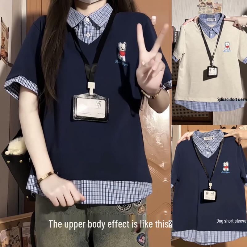 

American Retro Puppy Print Plaid Polo Collar Women s Cotton T-shirt XL (120-135 lbs)